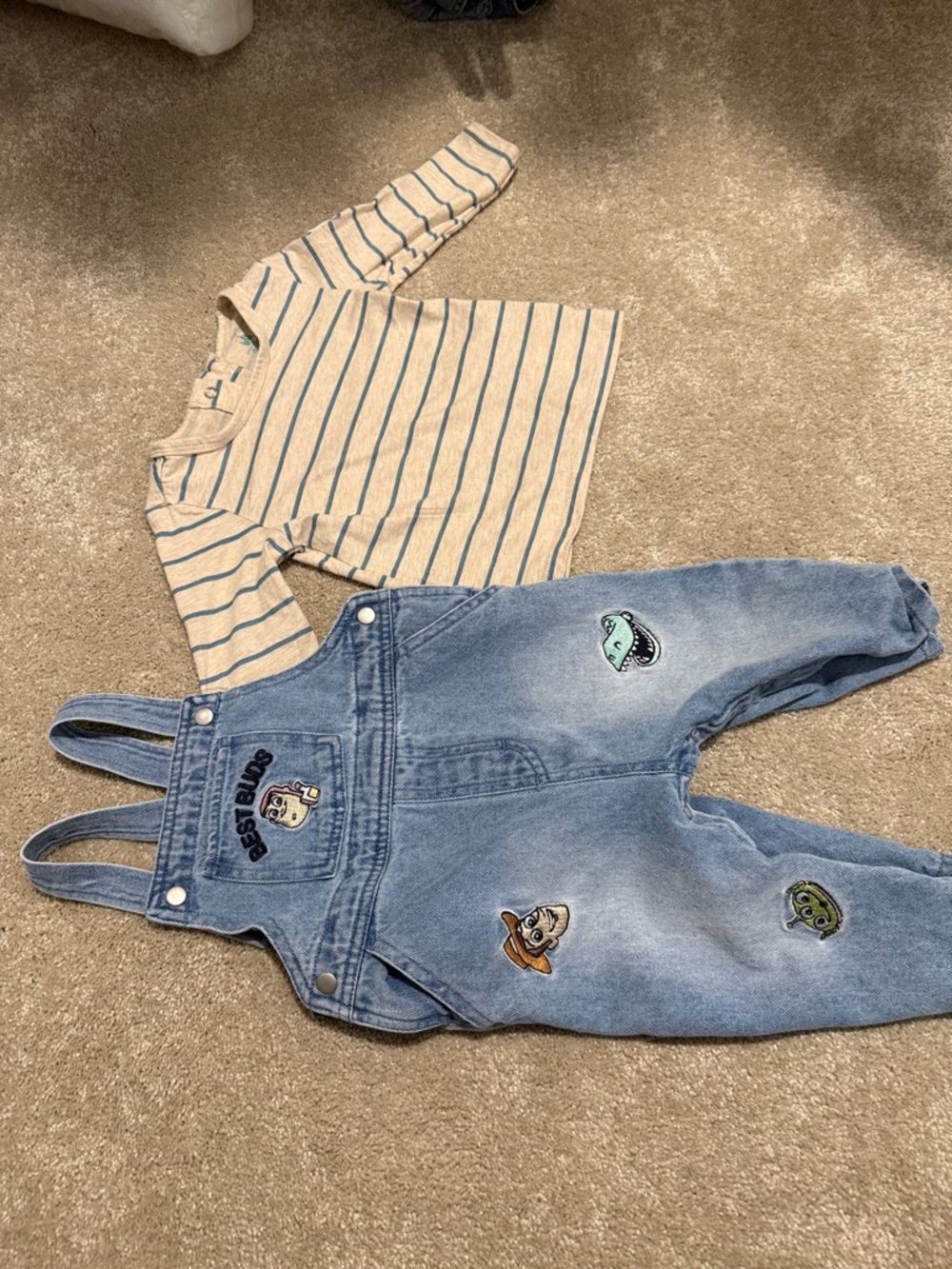 Disney Blue Denim Overalls with Striped Cream & Blue Top